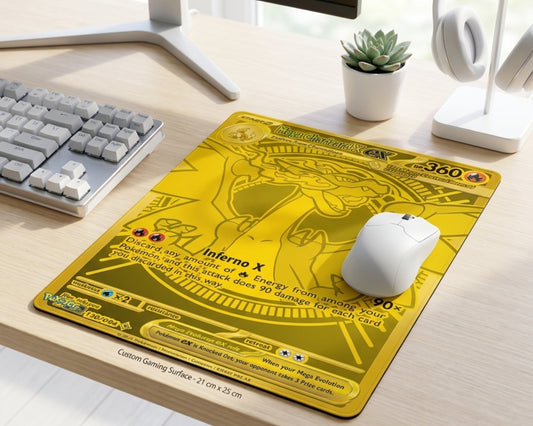 Yellow Mega Charizard themed gaming mouse pad displayed on a dark gaming desk with ambient hexagon lights and wireless gaming mouse