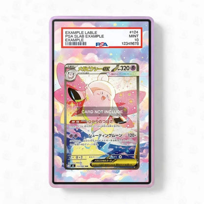 Pokémon trading card in a protective case with colorful design