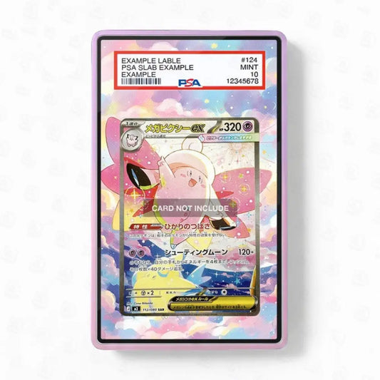 Pokémon trading card in a protective case with colorful design