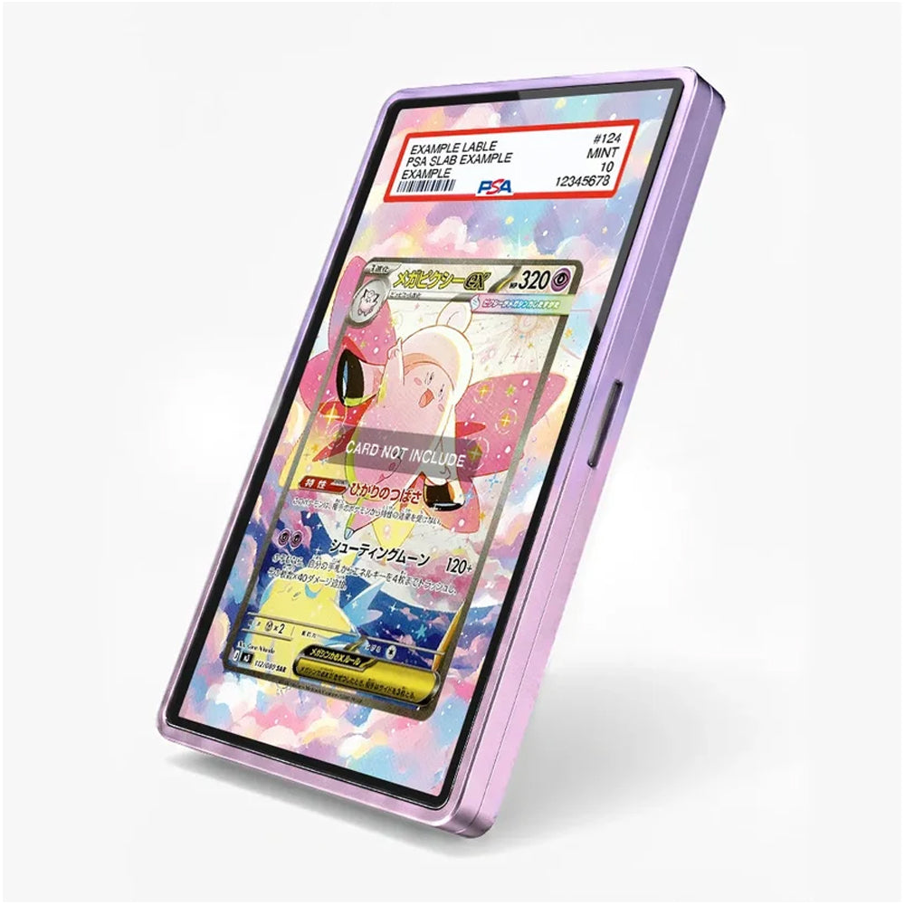 A lavender purple protective case for a tablet, shown standing upright at an angle. The screen of the tablet displays a colorful card illustration, and a mock PSA authentication label is visible at the top of the screen.