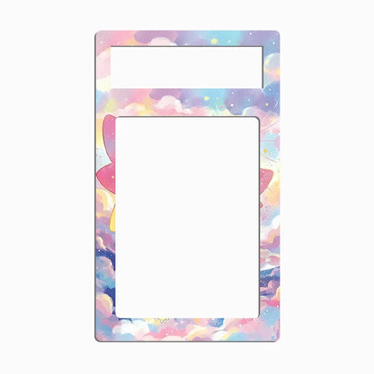 A decorative picture frame with a pastel watercolor cloud pattern in pink, blue, yellow, and purple, featuring two rectangular cutouts for displaying photos.
