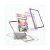 A set of three transparent acrylic card protectors with pastel pink, purple, and blue holographic borders, shown floating around a graded Pokémon TCG card on a white background.