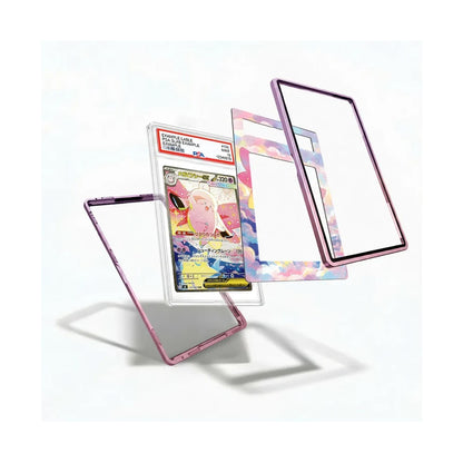 A set of three transparent acrylic card protectors with pastel pink, purple, and blue holographic borders, shown floating around a graded Pokémon TCG card on a white background.