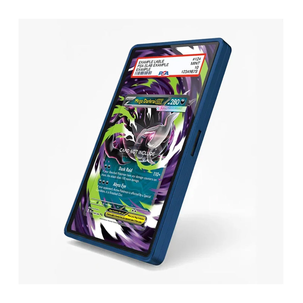 A blue protective smartphone case shown at an angle, featuring a printed sample Pokémon trading card design on the back, set against a plain white background.