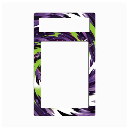 A rectangular light switch plate cover with a marbled abstract pattern in purple, black, white, and lime green, shown on a plain white background.