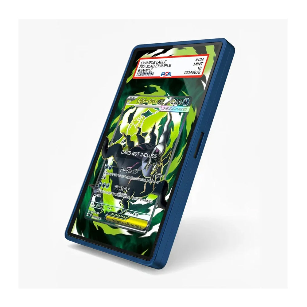 A blue protective phone case shown at an angle, displaying a custom green and black graphic screen protector with a PSA authentication label at the top.