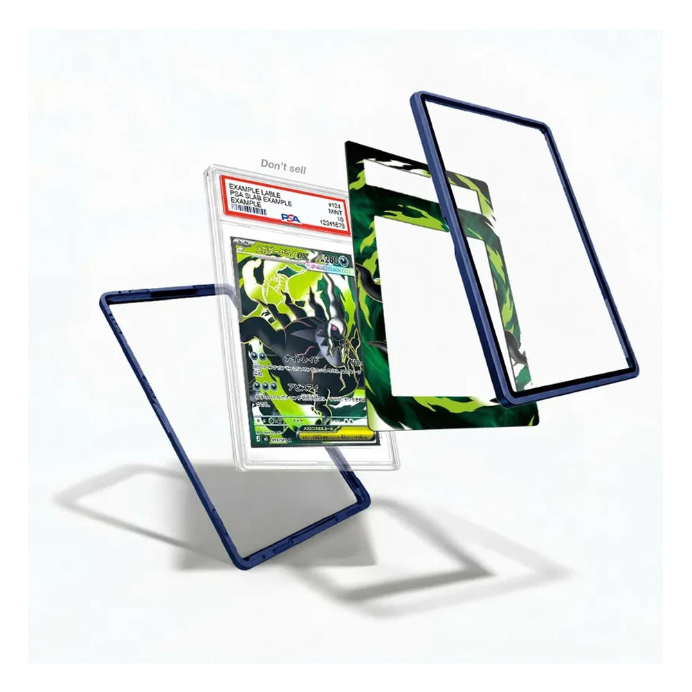 A custom protective card case set shown floating against a white background. The set includes a clear case with a dark blue frame, a clear case with a green and black camouflage pattern, and a clear sleeve holding a graded PSA card.