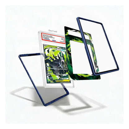 A custom protective card case set shown floating against a white background. The set includes a clear case with a dark blue frame, a clear case with a green and black camouflage pattern, and a clear sleeve holding a graded PSA card.