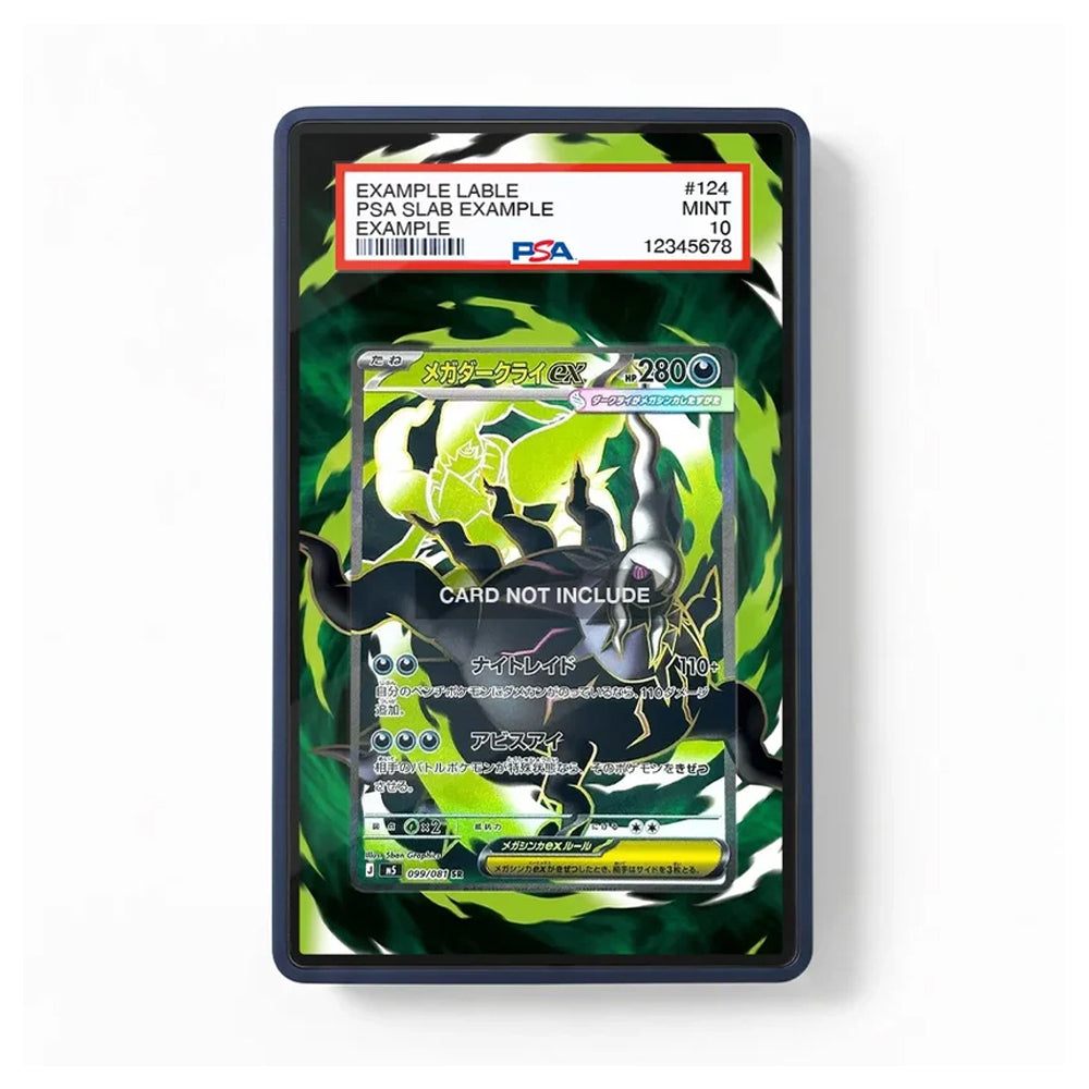 A protective slab for a Pokémon trading card, featuring a printed insert of a Charizard card with a green and black design and a PSA grading label at the top, shown on a white background.