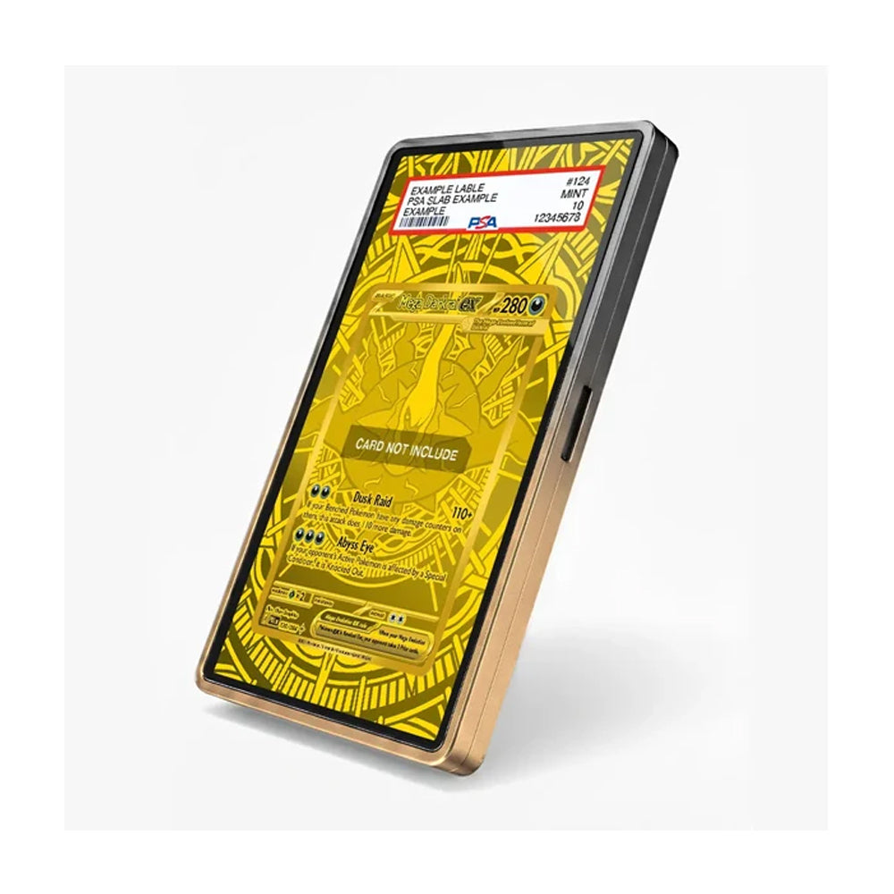 A smartphone shown at an angle on a light gray background, displaying a bright yellow Pokémon card design on its screen. The phone has a black front bezel and a metallic gold-toned side frame.