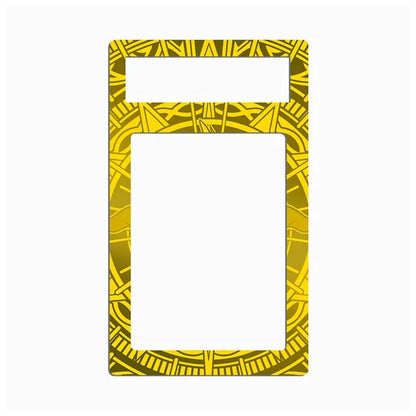 A decorative yellow and black geometric patterned phone case or card holder frame with a large blank center cutout, shown on a plain white background.