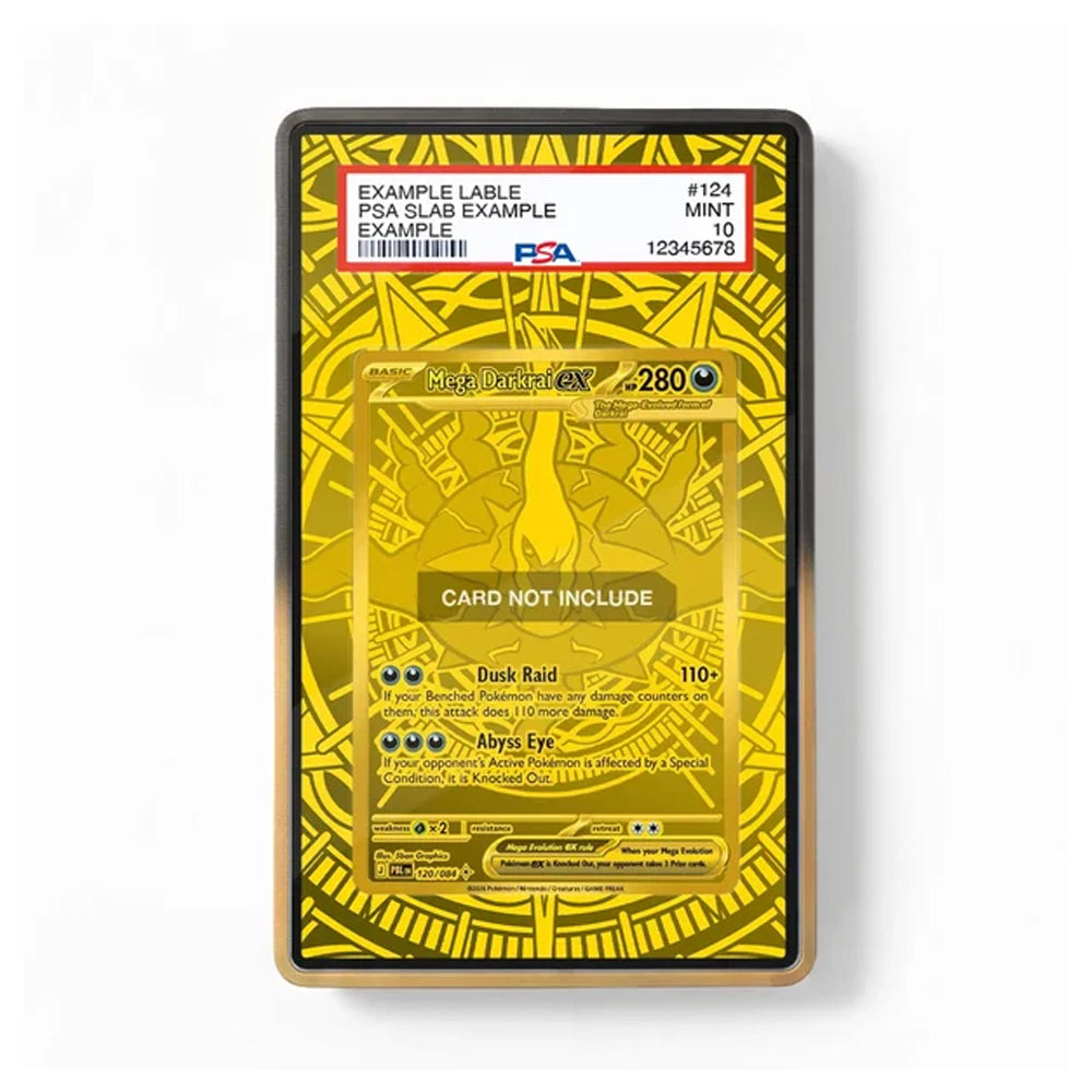A PSA graded sample trading card in a clear protective case with a black border, featuring a yellow and black design. The top label shows a PSA slab certification card with a red, white, and blue PSA logo.