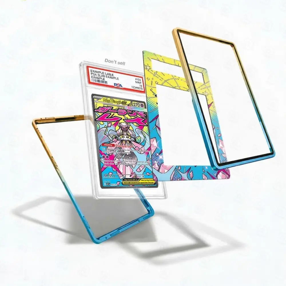 Card with colorful design and protective case on a white background