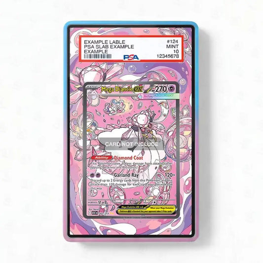 Pokémon trading card in a protective case on a white background