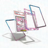 Card with pink and white design and clear protective case on a white background