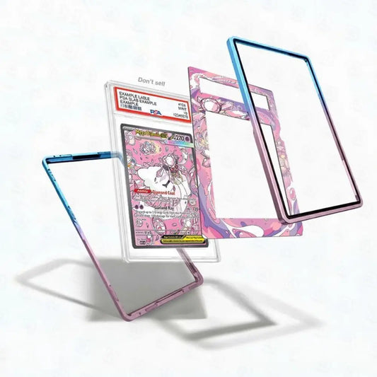 Card with pink and white design and clear protective case on a white background