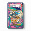 Colorful trading card in a protective case on a white background