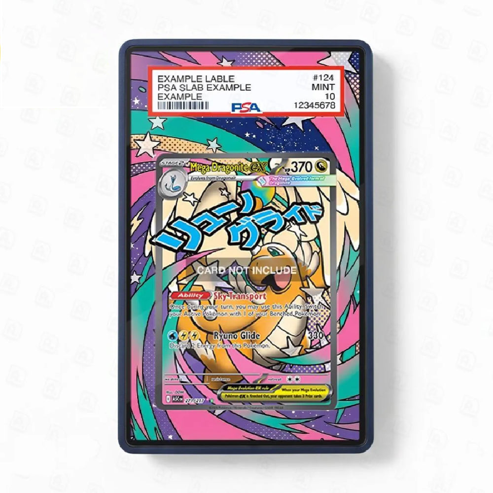 Colorful trading card in a protective case on a white background