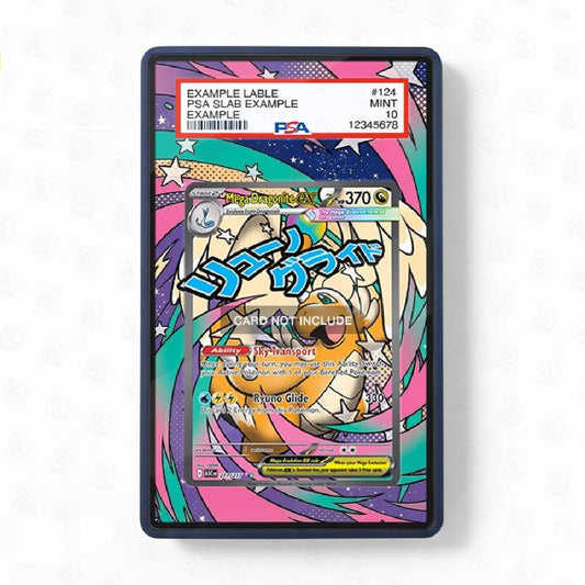 Colorful trading card in a protective case on a white background