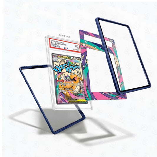 Trading card with protective blue frame on a white background