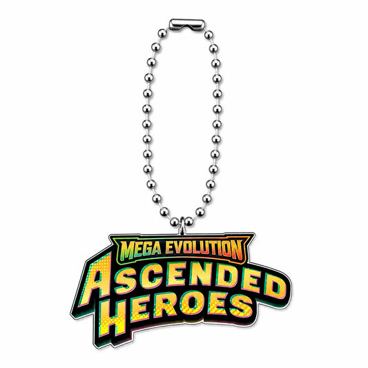A 'Mega Evolution Ascended Heroes' keychain featuring a stylized, colorful graphic charm with a silver ball chain, set against a plain white background.