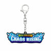 A metal keychain featuring a colorful 'Mega Evolution Chaos Rising' logo charm with blue and white lettering and a silver lobster clasp.