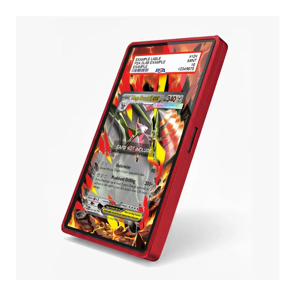 A red protective phone case shown at an angle on a light gray background, featuring a custom printed design of a Pokémon trading card (Charizard) on the screen.