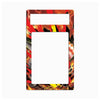 A rectangular picture frame with a vibrant, fiery abstract border design in red, orange, yellow, and black, featuring a cutout top slot and a larger central opening, shown on a plain white background.