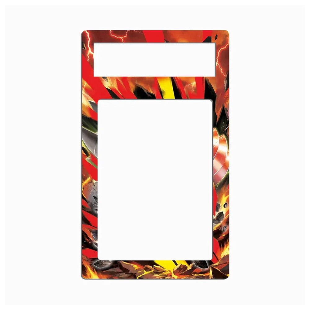 A rectangular picture frame with a vibrant, fiery abstract border design in red, orange, yellow, and black, featuring a cutout top slot and a larger central opening, shown on a plain white background.