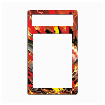 A rectangular picture frame with a vibrant, fiery abstract border design in red, orange, yellow, and black, featuring a cutout top slot and a larger central opening, shown on a plain white background.