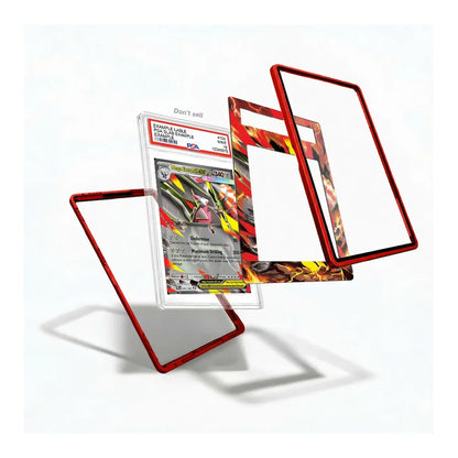 Three clear acrylic card protectors with red borders are shown floating against a white background, with one protector displaying a graded Pokémon TCG card inside.