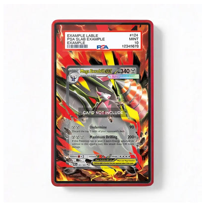 A collectible Pokémon trading card featuring a red border and dynamic artwork of Magikarp, with printed card details and a PSA slab label visible on the front.