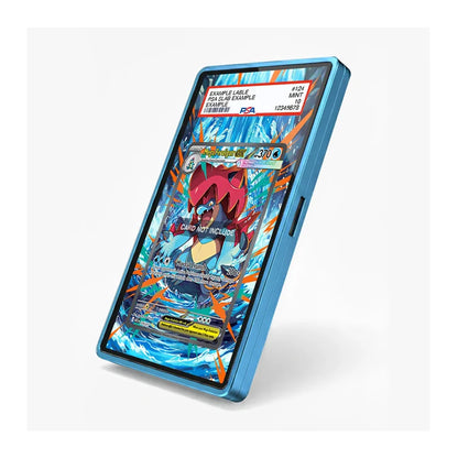 A blue protective phone case with a vibrant, colorful anime-style card art print on the back, shown on a clean white background.