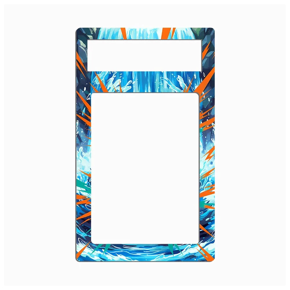 A rectangular decorative frame or mat with rounded corners, featuring an abstract ocean wave pattern in shades of blue, white, and orange, with a large blank white center and a smaller white rectangular slot at the top.