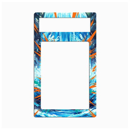 A rectangular decorative frame or mat with rounded corners, featuring an abstract ocean wave pattern in shades of blue, white, and orange, with a large blank white center and a smaller white rectangular slot at the top.