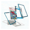 A set of custom protective card sleeves and frames displayed on a clean white background. The set includes a clear sleeve with a translucent blue border, a clear sleeve with a blue and orange patterned design, and a clear sleeve with a blue and orange patterned design, all shown around a graded Pokémon TCG card.