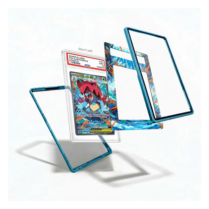 A set of custom protective card sleeves and frames displayed on a clean white background. The set includes a clear sleeve with a translucent blue border, a clear sleeve with a blue and orange patterned design, and a clear sleeve with a blue and orange patterned design, all shown around a graded Pokémon TCG card.