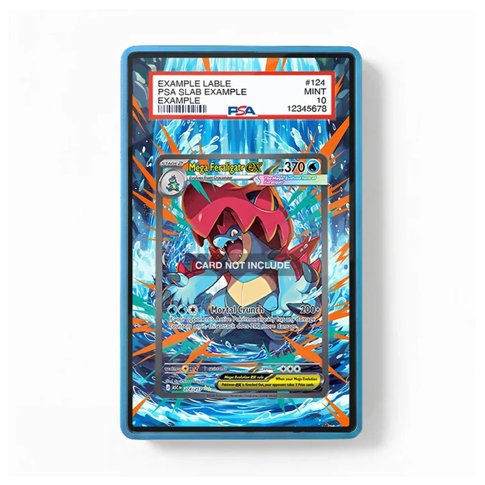 A PSA graded protective slab for a Pokémon TCG card, featuring a blue border and a printed label with grading details and a placeholder card illustration. The slab is shown on a clean white background.