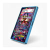 A blue protective bumper case fitted onto a black tablet, shown at an angle against a light gray background. The screen displays a colorful card game graphic.