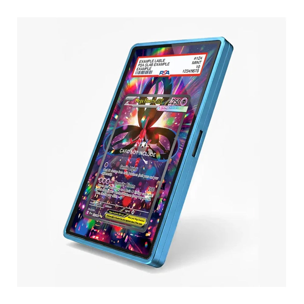 A blue protective bumper case fitted onto a black tablet, shown at an angle against a light gray background. The screen displays a colorful card game graphic.
