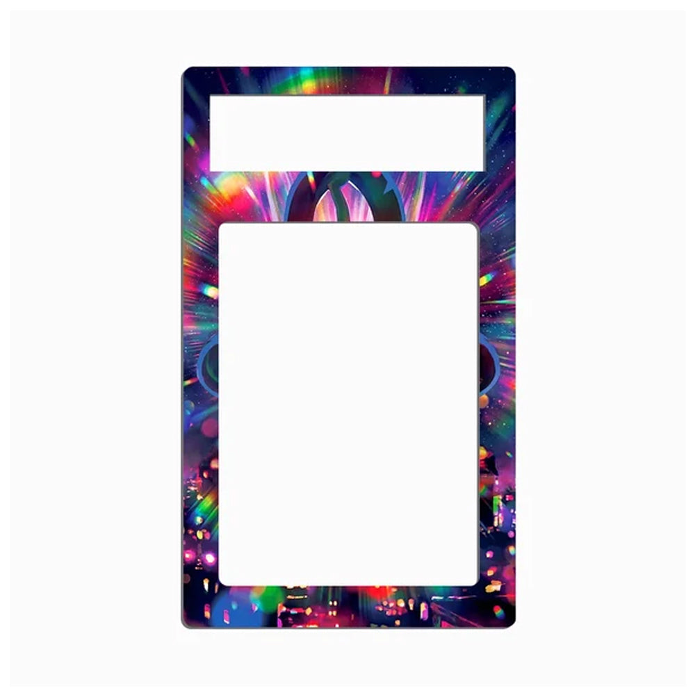 A rectangular decorative frame or plate with rounded corners, featuring a colorful abstract neon burst design around the border and a blank white center cutout, shown on a light gray background.