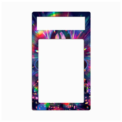 A rectangular decorative frame or plate with rounded corners, featuring a colorful abstract neon burst design around the border and a blank white center cutout, shown on a light gray background.