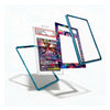 A set of custom protective phone cases shown floating in a 3D exploded view. The cases feature a translucent teal blue border and colorful holographic rainbow patterns, with one case shown holding a graded Pokémon card (PSA 10).