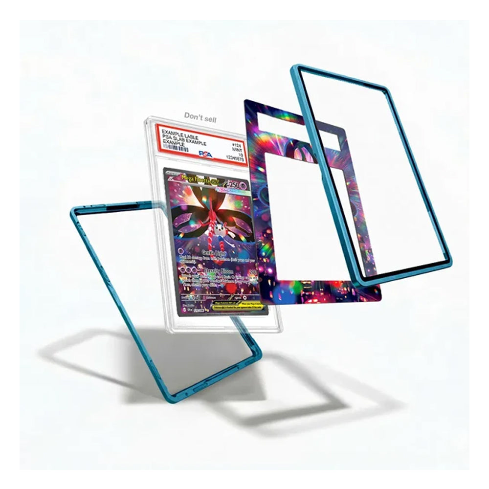 A set of custom protective phone cases shown floating in a 3D exploded view. The cases feature a translucent teal blue border and colorful holographic rainbow patterns, with one case shown holding a graded Pokémon card (PSA 10).
