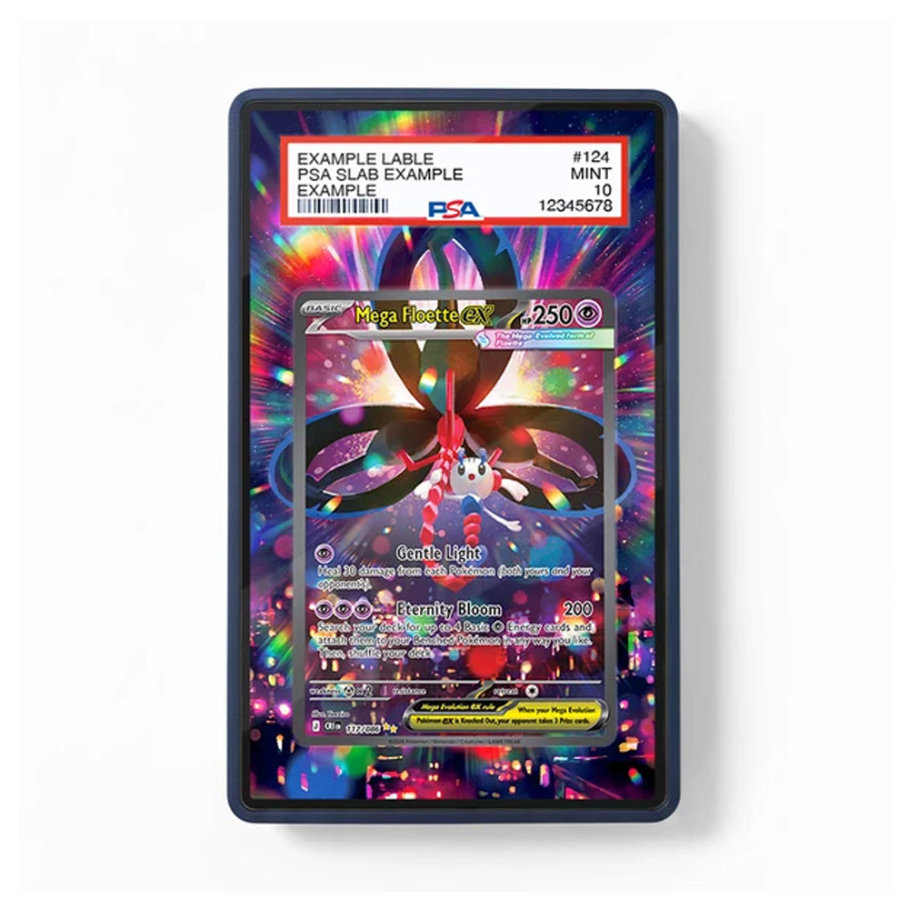 A collectible holographic trading card in a clear PSA slab, shown against a plain white background. The card features a colorful cosmic pattern with a central red and black creature, and the PSA grading label is visible at the top.