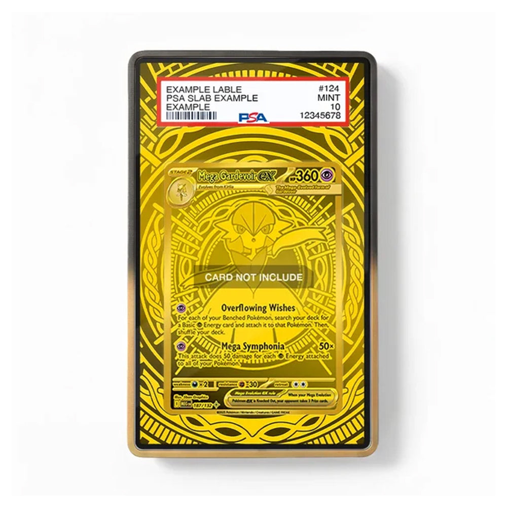 A gold foil collectible card featuring a circular mandala design and Pokémon-themed text, presented in a black protective sleeve on a white background. The top section includes a PSA slab label.
