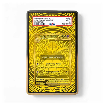 A gold foil collectible card featuring a circular mandala design and Pokémon-themed text, presented in a black protective sleeve on a white background. The top section includes a PSA slab label.
