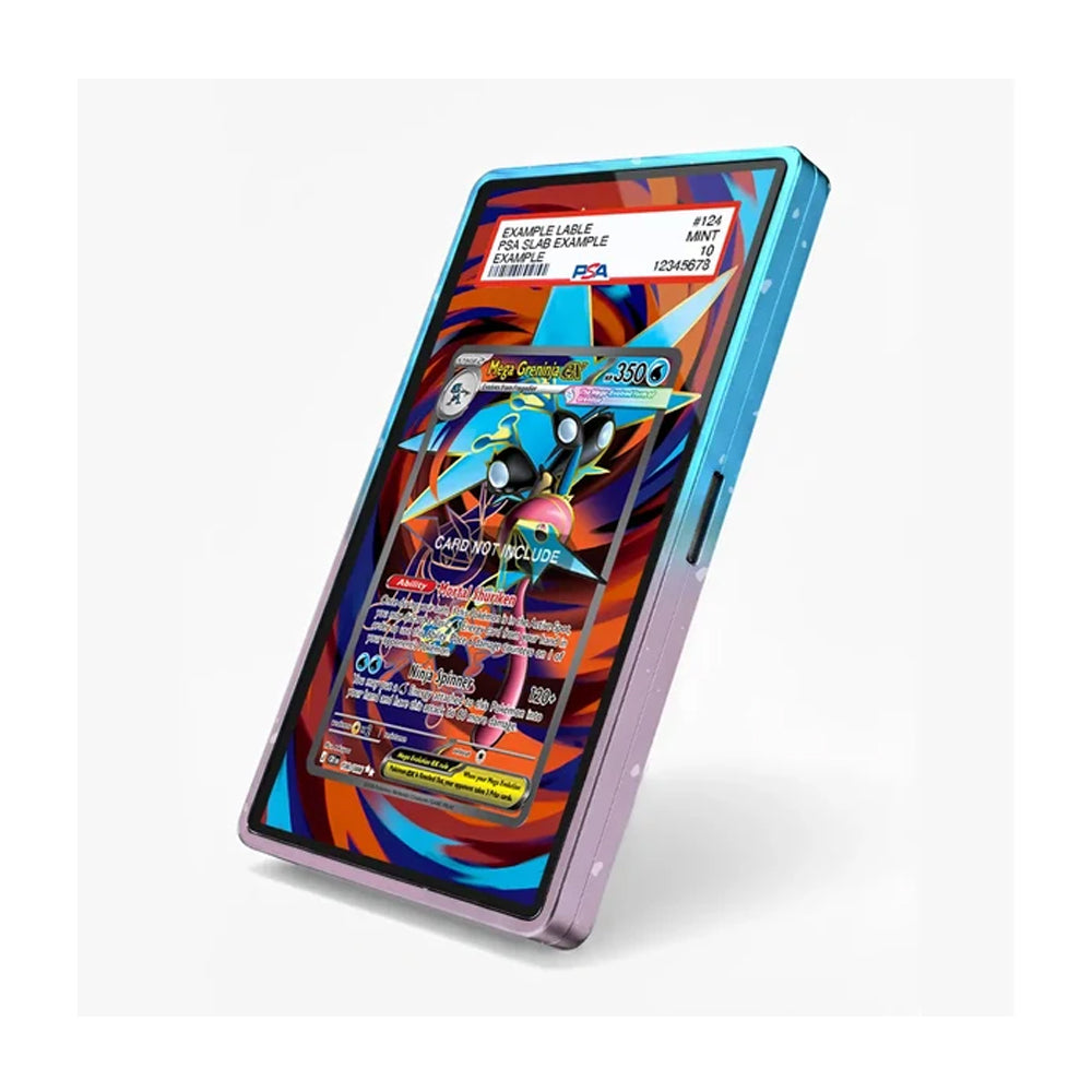 A slim smartphone shown at an angle on a light gray background, displaying a colorful card game interface with a holographic blue-to-purple edge finish.
