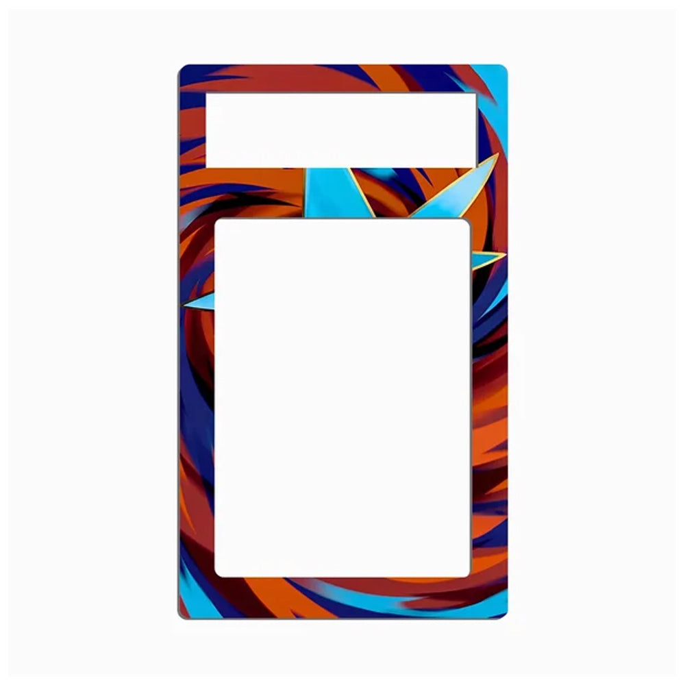 A rectangular picture frame with a colorful abstract swirl pattern in blue, orange, red, and brown, shown on a plain white background.