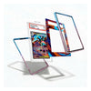 Three transparent protective phone cases with colorful gradient borders are displayed floating around a graded Pokémon TCG card on a clean white background.